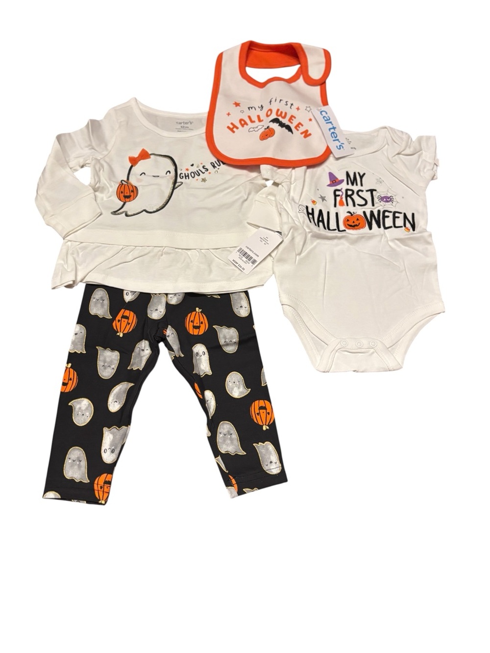 NWT 12M Halloween outfit and bib from Carter’s and Onesie from Baby Starters